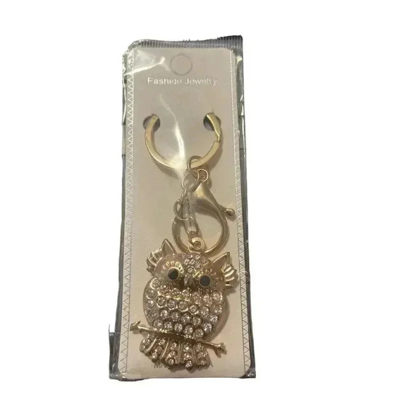Sparkly Owl Keychain Keyring Bag Clip Rhinestone Gold Tone ~black Eyes ~New - Picture 1 of 1
